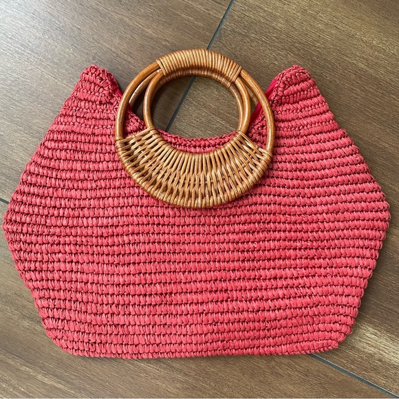 Straw Studios Handbags - Straw Studios Red woven straw handle bag purse with rattan handle